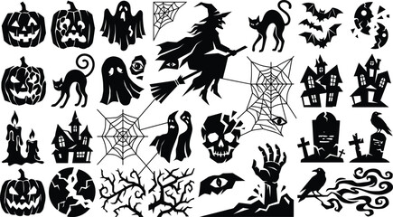 Obraz premium Set of black silhouette icons for halloween celebration featuring pumpkins ghosts witch cat bats haunted houses spider webs skull and spooky graveyard elements