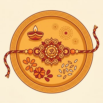 Rakhi thali flat lay with diya and rice for Raksha Bandhan celebration
