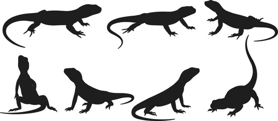 Fototapeta premium Black lizard silhouettes collection isolated on white background, reptile vector illustration, wildlife animal design, nature shapes, gecko and iguana clipart