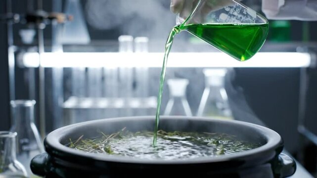 Scientist pours green liquid from a beaker into a bubbling cauldron of herbs in a laboratory setting