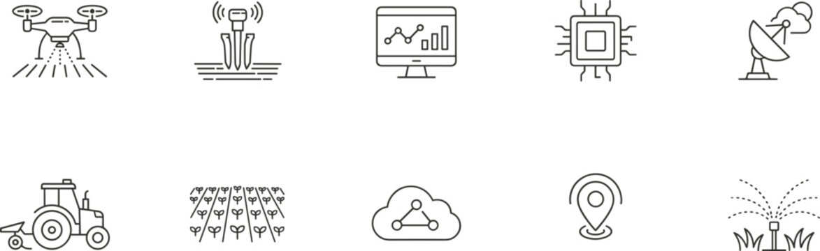 Smart farming thin line icons featuring agricultural drones field sensors tractor machinery cloud data and irrigation systems