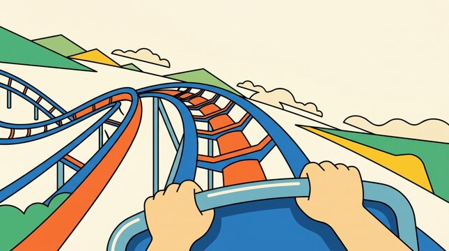 Roller coaster first person view with hand on safety bar illustration