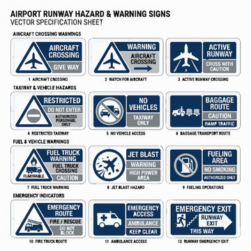 Set of airport runway hazard and warning signs vector specification sheet.