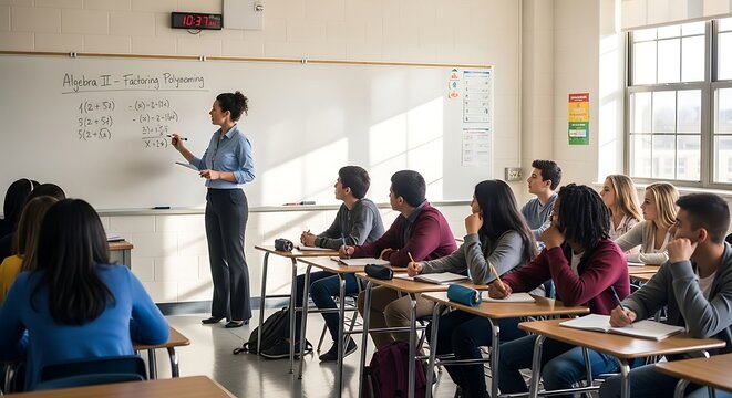 High school algebra classroom with teacher and students learning polynomial factoring