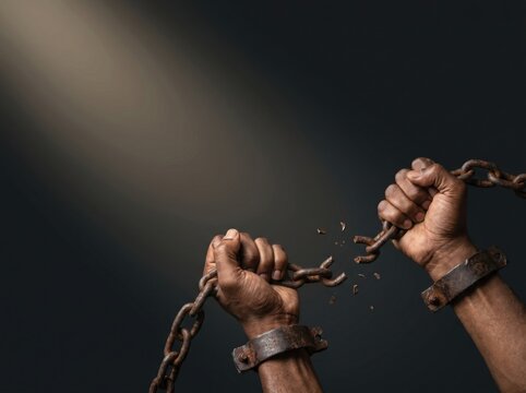 Raised fist breaking free from chain and shackle silhouette, remembrance slave trade concept