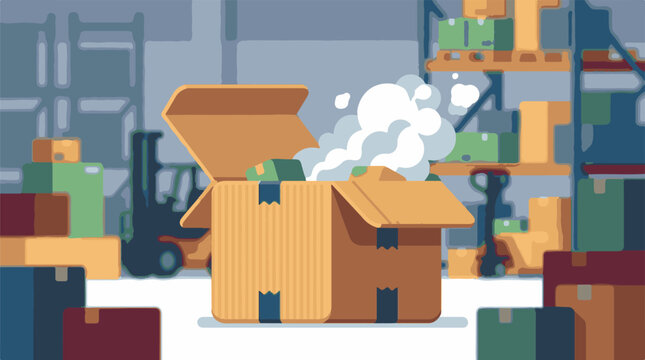 A large open cardboard box emitting smoke in a warehouse