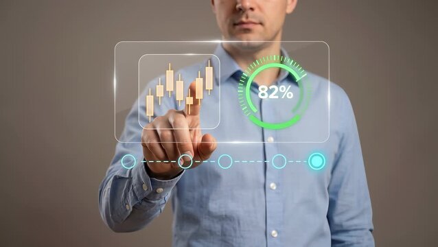 Business Man Touches Screen to Analyze Stock Market Candlestick Chart, Track Trading Progress, Monitor Price Trends, and Review Investment Performance
