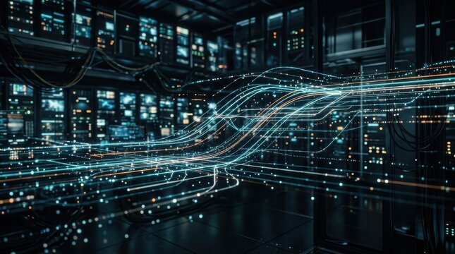 A high-tech server room displays glowing streams of digital data flowing through advanced networks.