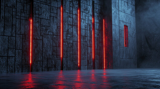Ancient temple with labyrinthine walls, illuminated by red lights, creating mysterious atmosphere