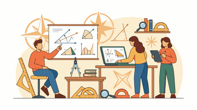 A group of people working together on a math project with graphs on a board