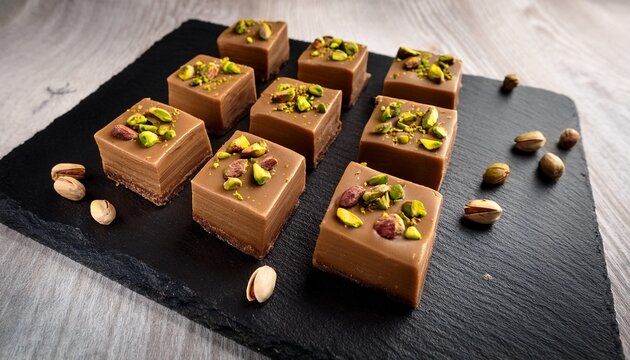 delicious fudge squares with pistachios arranged on slate plate perfect for sweet treat or dessert