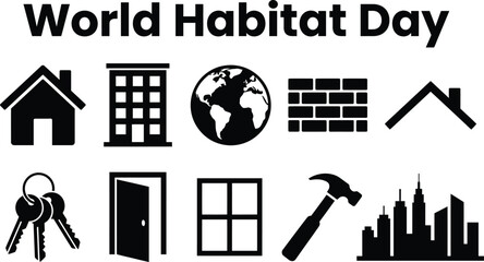 Obraz premium World habitat day icons set with house, keys, hammer, and city skyline