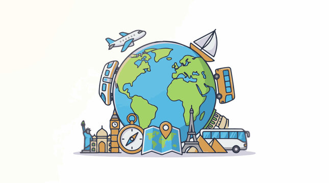 A globe surrounded by transportation and iconic landmarks symbolizes global travel