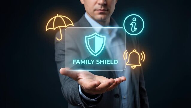 Business Man Presents Open Hand to Display Family Protection Shield, Show Insurance Umbrella, Reveal Safety Coverage, and Manage Risk Alerts