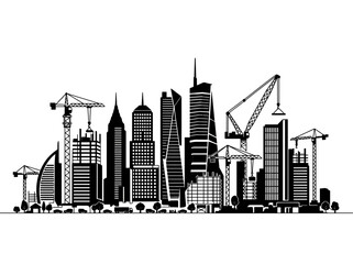 Obraz premium Silhouette of a Modern City Skyline Under Construction with Tower Cranes.
