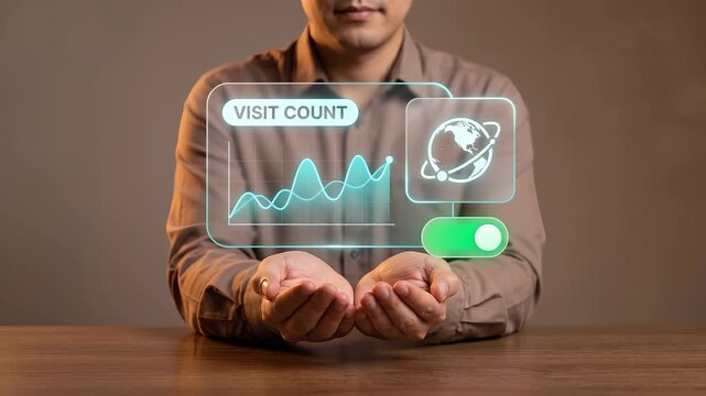 Business Man Holds Open Hands to Display Website Visit Count, Show Traffic Analytics, Track Global Connections, and Monitor Online Performance