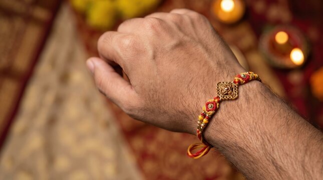 Colorful rakhi thread tied on brother wrist for Raksha Bandhan celebration