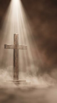 Wooden Christian cross in bright divine light beam with smoke effect background for social media post