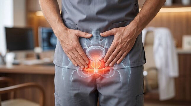 Man Suffering From Chronic Pelvic Pain Syndrome With Prostate Anatomy Overlay