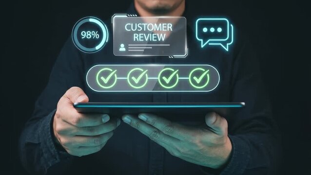 Business Man Holds Tablet to Review Customer Feedback, Confirm Service Approval, Track Satisfaction Score, and Monitor Positive Comments