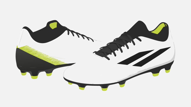 Professional soccer cleats in white, black, and neon green rest on a clean background, ideal for sports merchandise and football-related commercial use as a flat vector illustration.