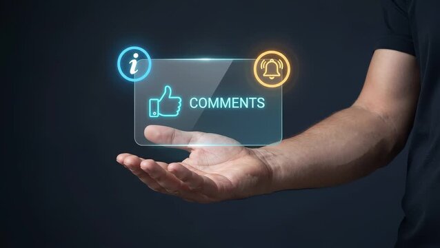 Business Man Presents Open Hand to Display Customer Comments, Show Positive Feedback, Reveal Information Alerts, and Manage Notification Updates