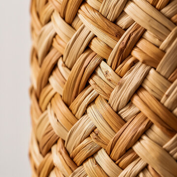 Close-up of intricately woven, natural straw basket showcasing detailed craftsmanship and texture.