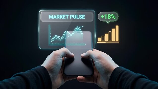 Hands Hold Smartphone to Monitor Market Pulse, Analyze Trading Charts, Track Price Growth, and Review Financial Performance Data