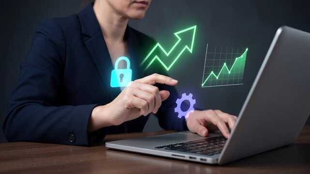 Business Woman Types on Laptop to Secure Data Protection, Track Business Growth, Optimize System Settings, and Analyze Revenue Performance
