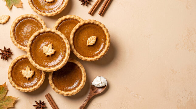 Top view of mini pumpkin pies decorated with pastry leaves on a beige background with autumn spices