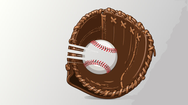 A brown leather baseball mitt catches a baseball with dramatic speed lines illustrating the fast motion and reflexes of players during a competitive game as a flat vector illustration.