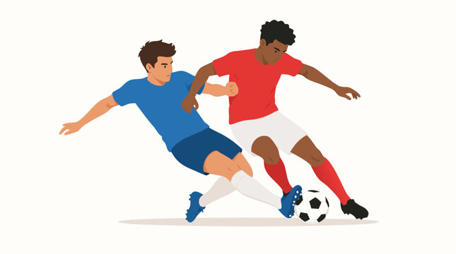 A thrilling flat vector illustration of two soccer players from opposing teams tackling intensely for possession of the ball, ideal for sports action commercial design on a light background.