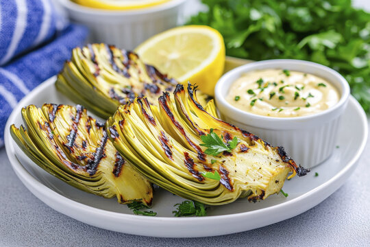 Grilled artichoke halves served with lemon and dipping sauce, garnished with herbs, create delicious and vibrant dish