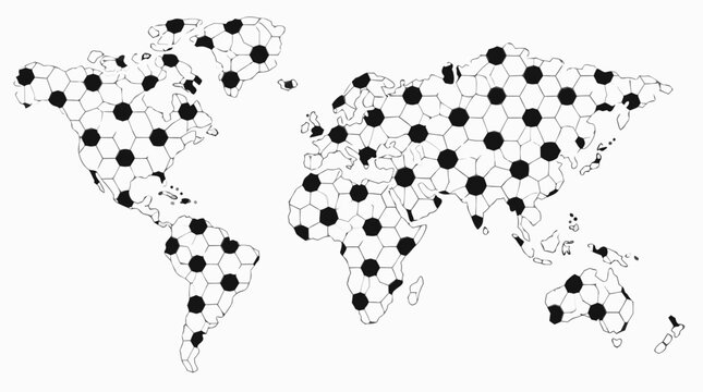 A clever flat vector illustration of a world map silhouette filled entirely with black-and-white football hexagon panel patterns, ideal for global soccer event commercial design on a light background.