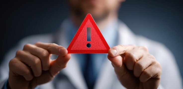 Man holding a red warning sign with exclamation mark for caution concepts