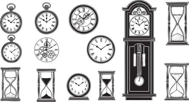 Black and white silhouettes of clocks and hourglass with geometric frames sand timer