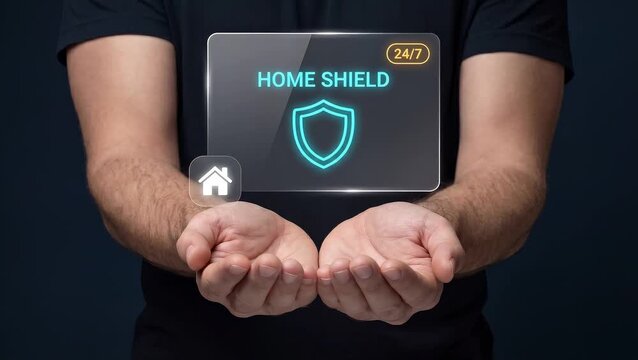 Business Man Holds Open Hands to Display Home Security Shield, Show Property Protection, Reveal Round the Clock Coverage, and Manage Safety Service