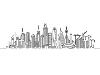Obraz premium Continuous line art illustration of a modern metropolitan cityscape with skyscrapers and construction cranes.