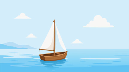 Fototapeta premium A small wooden sailboat glides across a calm blue sea with distant mountains in the background, symbolizing adventure, travel, and peaceful maritime journeys as a flat vector illustration.