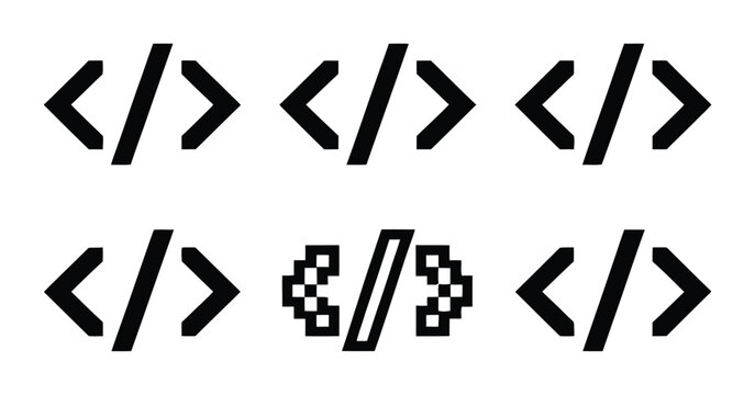 A collection of black and white programming code bracket symbols and pixel for web development and software