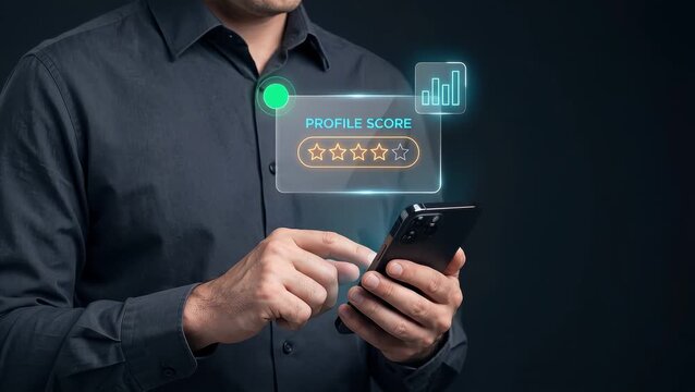 Business Man Uses Smartphone to Review Profile Score, Track Rating Stars, Analyze Performance Chart, and Monitor User Feedback