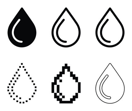 A collection of various water drop and symbols in different styles on a white background