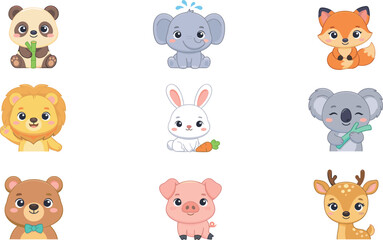 Obraz premium Cute cartoon baby animal character sticker set featuring happy panda elephant fox lion rabbit koala bear pig and deer vector illustrations for kids nursery designs