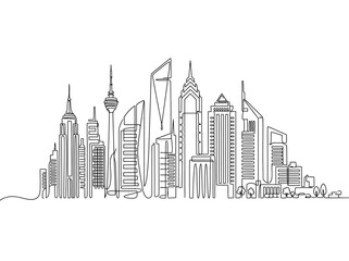 Fototapeta premium Continuous line drawing of modern city skyline with skyscrapers.