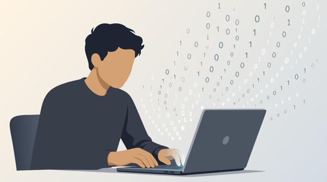 A faceless programmer types on a laptop with glowing binary 0s and 1s floating around, representing software development, coding, data science, and digital technology as a flat vector illustration.