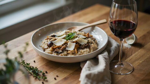 Delicious mushroom and cheese risotto served with a glass of red wine on a wooden table