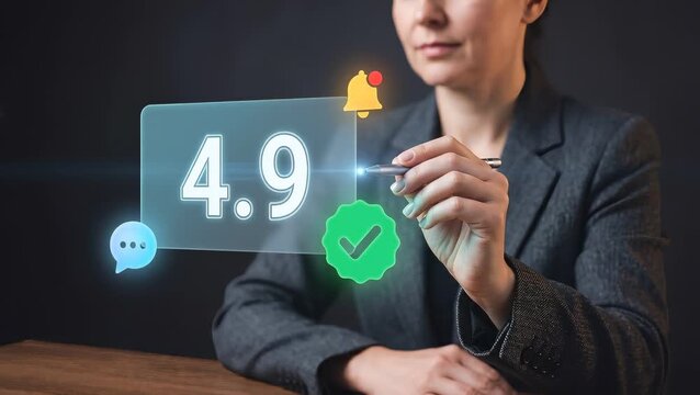 Business Woman Writes with Pen to Confirm Service Rating, Review Customer Feedback, Verify Quality Approval, and Manage Communication Alerts