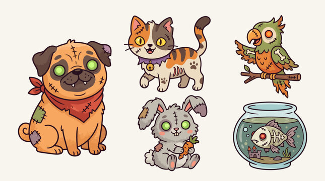 Cute Zombie Pet Collection with Undead Pug Cat Rabbit Bird and Skeleton Fish Stickers