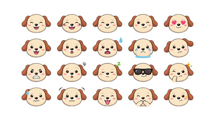 Obraz premium Cute Dog Emoji Faces Set – Cartoon Puppy Expressions, Funny Pet Emoticons and Animal Character Collection