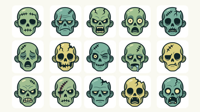 Minimalist Zombie Head Icon Set with Different Undead Character Expressions and Flat Cartoon Design